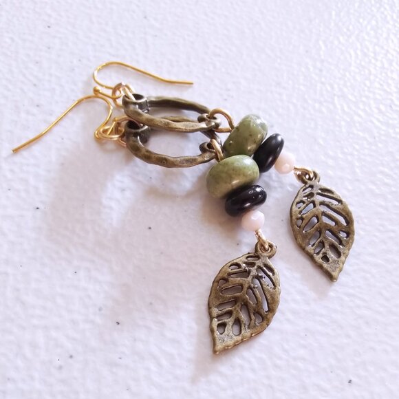 Feminine Bronze Leaf Dangle Earrings 3" ~ Jasper + Agate ~ Fall & Harvest Season - Picture 4 of 6